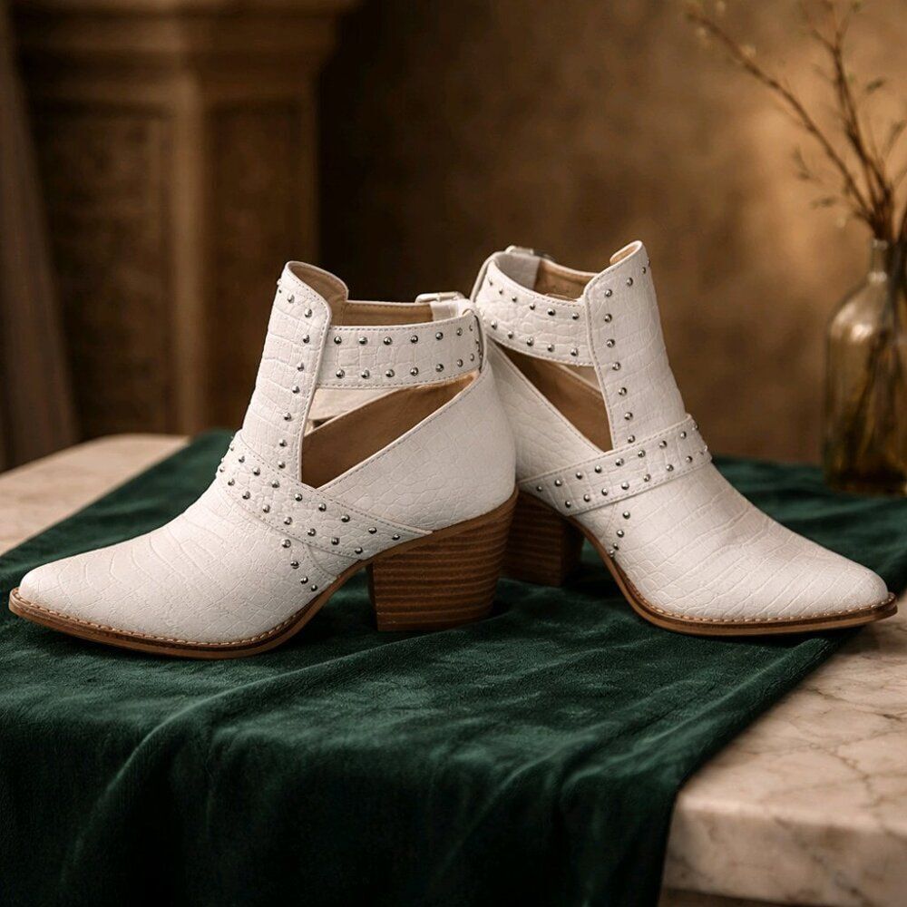 White Croc-Embossed Studded Ankle Boots with Buckle Detail